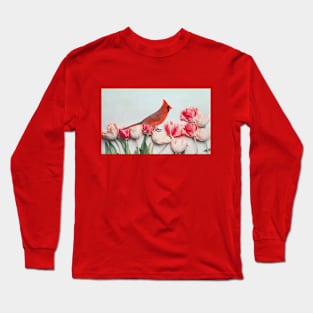 Northern Cardinal in the Tulip Flower Patch Long Sleeve T-Shirt